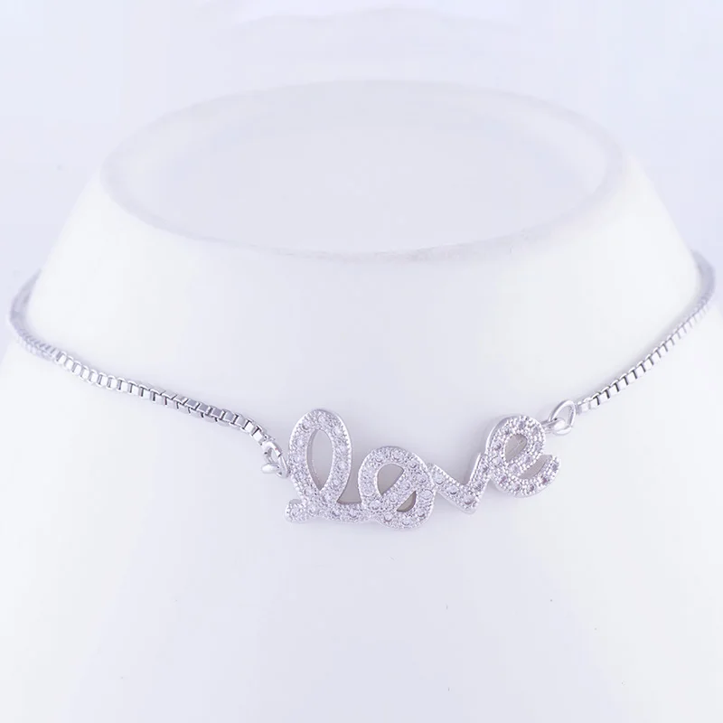 Silver Прямая с фабрики Micro Pave Цирконий слово кулон с надписью Love Шарм браслет-цепочка подходит Для женщин для изготовления ювелирных изделий, подарок для девушки - Окраска металла: Silver