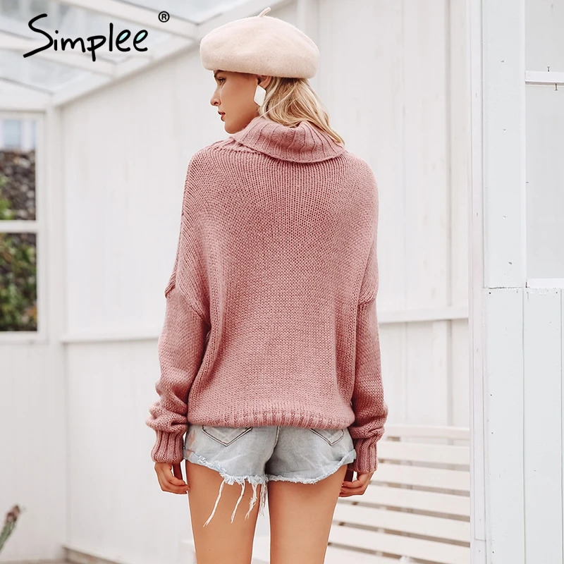 Женский вязаный свитер Simplee розовый Свободный пуловер с высоким воротником и