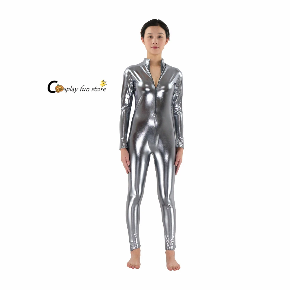 Женский черный сексуальный блестящий костюм кошки серебристый металлический