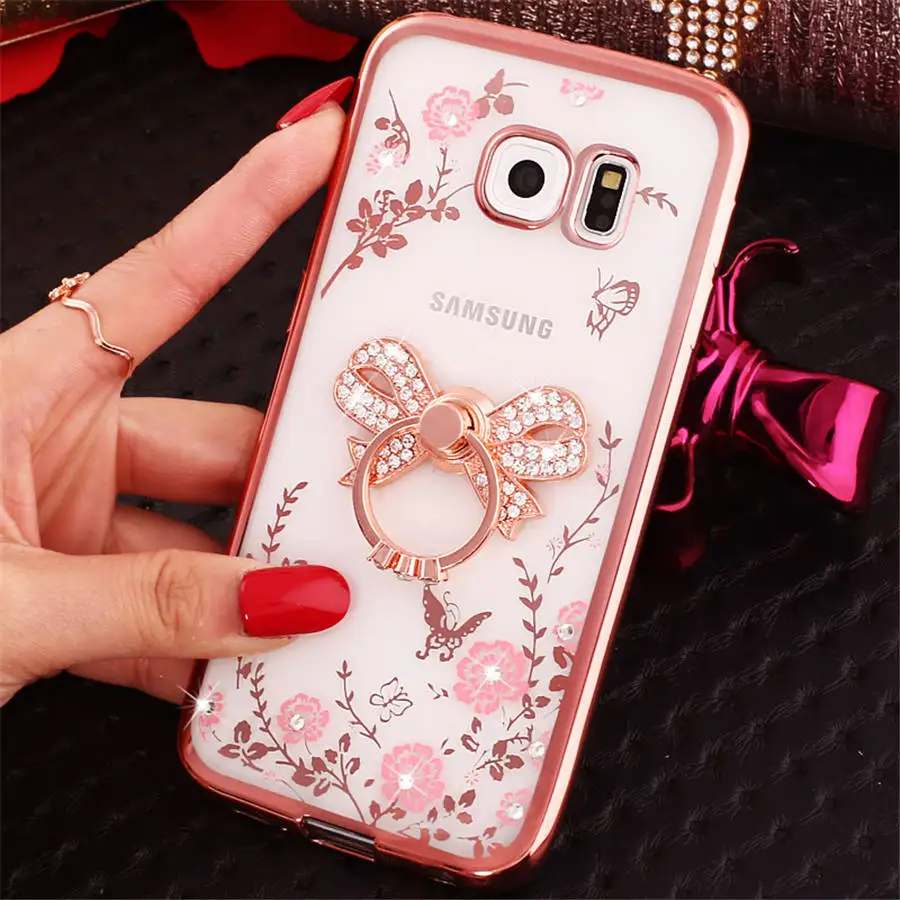 Роскошные Стразы блестящая держатель чехол для телефона для samsung Galaxy S4 S5 S6 край S7 край S8 S9 плюс S10 Note 8 9, со стразами и украшением в виде цветов Чехол - Цвет: Rose Bow