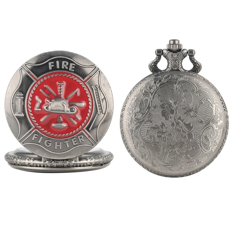 

Vintage Gray Red Fire Fighter Symbol Carving Pocket Watch Steampunk Firefighter Quartz Watch Fireman Pendant Gift Necklace Chain
