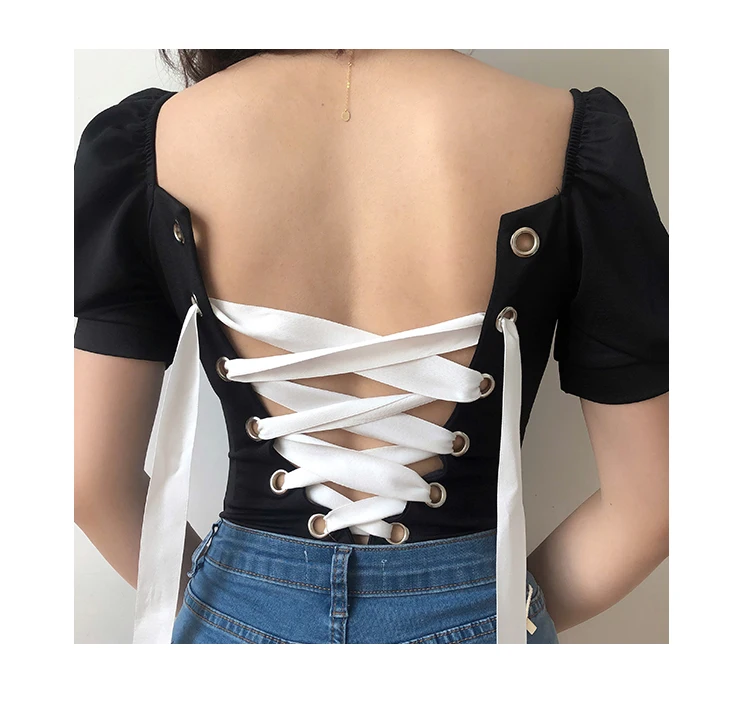 Neploe Palace Style Drawstring Women Shirts New Square Collar Puff Sleeve Blusa Sexy Backless Slim Fit Ladies Tops 45070