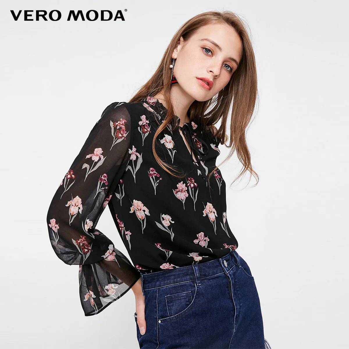 Black Vero Moda новые женские цветочные узоры расклешенные рукава Шифоновая Блузка Топы | 318351502 - Цвет: Black