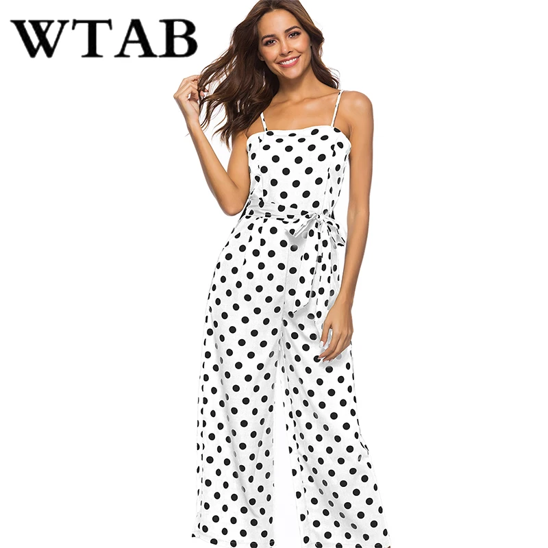 WTAB dot print summer jumpsuit 2018 strap off shoulder sleeveless beach women bodysuit bodycon belt female plus size | Женская одежда