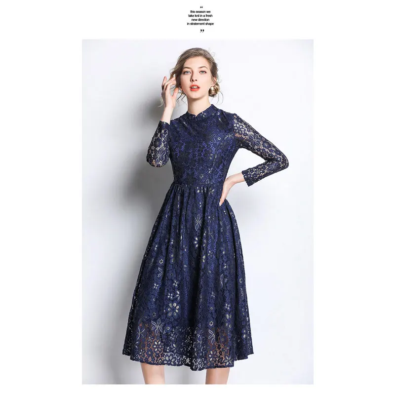 Элегантное открытое офисное повседневное винтавечерние платье 2019 Новое Женское кружевное с длинным