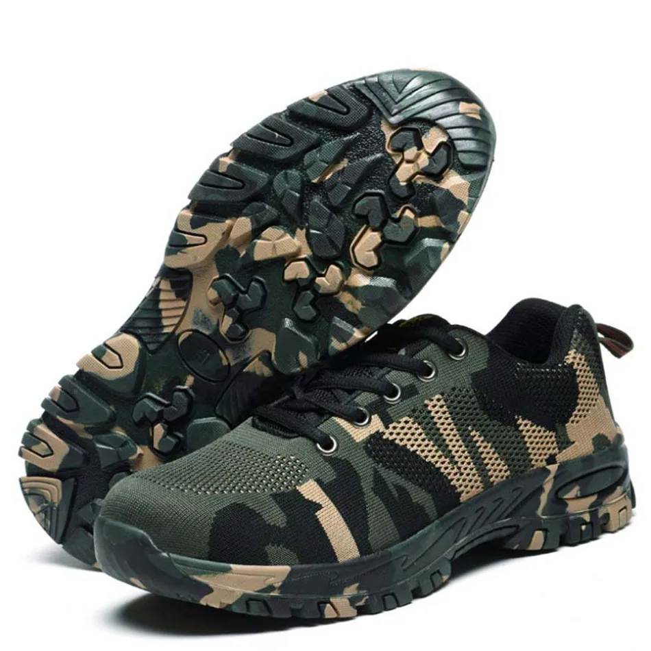 

Men Work Safety Shoes Camouflage Breathable Mesh Steel Toe Army Indestructible Boots Mens Labor Insurance Puncture Proof Shoes