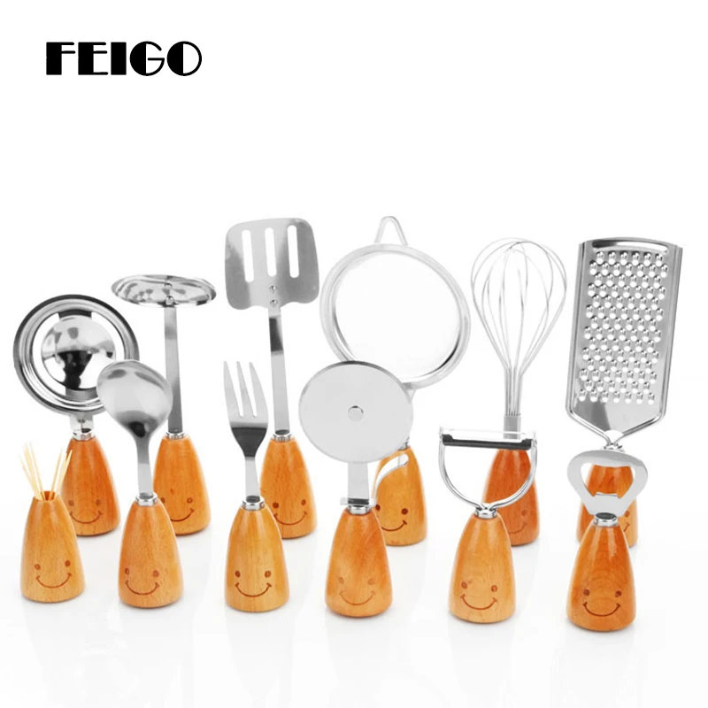 

CTREE Smiley 12 Sets Stainless Steel Wooden Handle Cooking Tools Shovel Spoon Opener Paring Knifeset Kitchen Cooking Sets C734