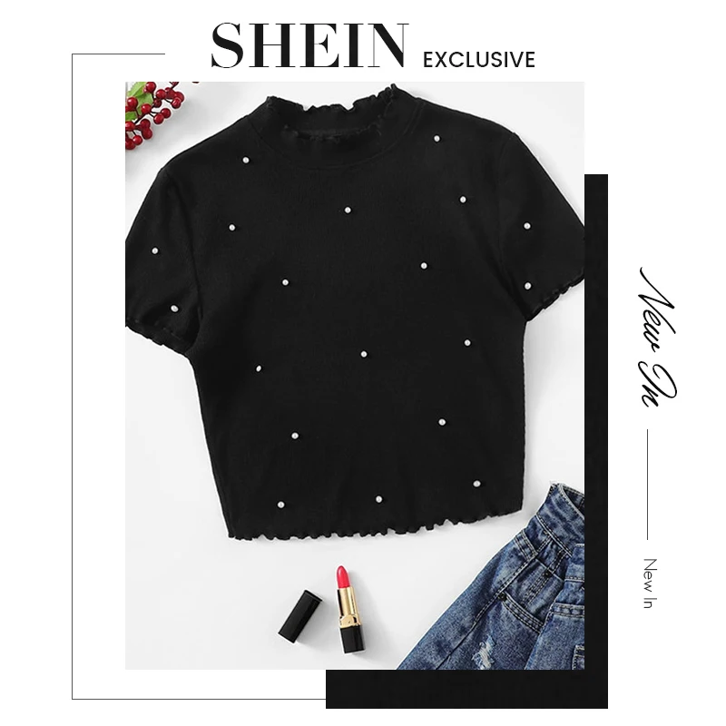 SHEIN модная женская футболка с воротником-стойкой, украшенная жемчугом и бусинами, элегантные летние женские Топы с коротким рукавом