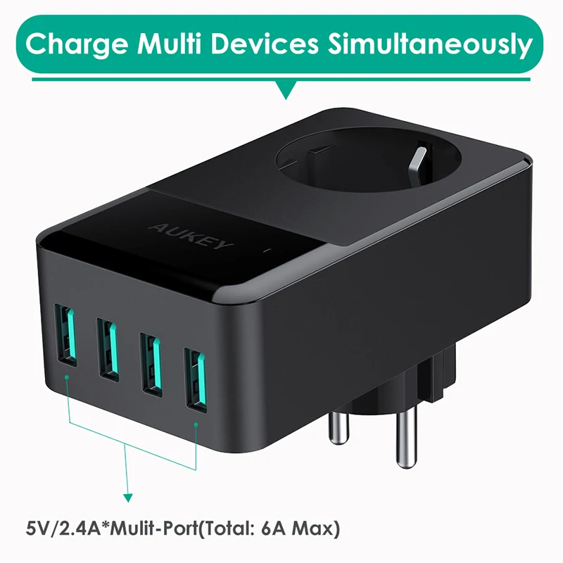 Зарядное устройство Aukey для путешествий, мульти USB, 4 порта, адаптер для мобильного телефона, умное настенное зарядное устройство, быстрая зарядка для телефона со встроенной Европейской розеткой