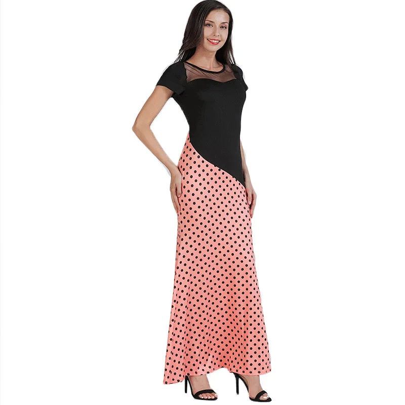 Женское длинное платье в горошек с круглым вырезом и коротким рукавом|Женские