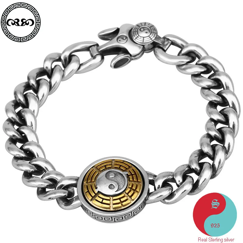 Gossip the eight trigrams bracelet Pure S95 sterling silver chunky cuban chain Spinner tai chi men's Fine Jewelry | Украшения и