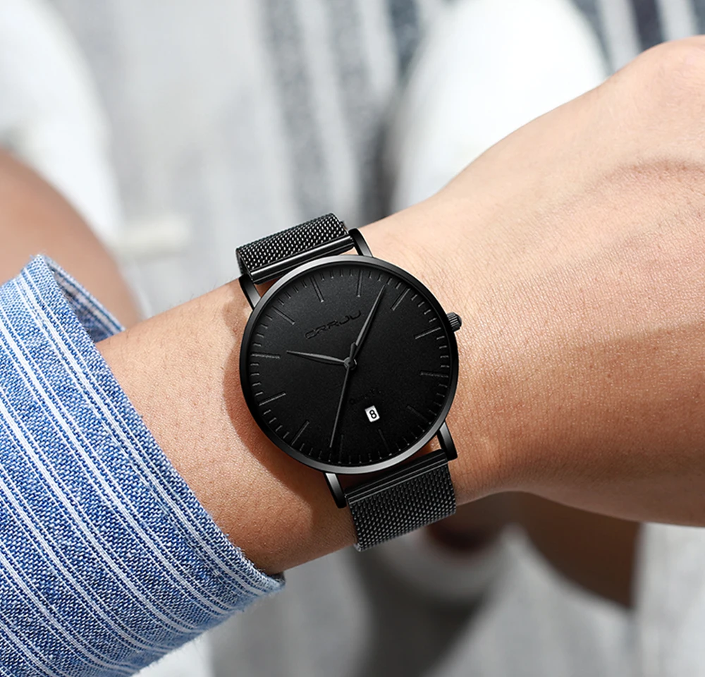 Часы CRRJU Мужские кварцевые ультратонкие классические из нержавеющей стали синие