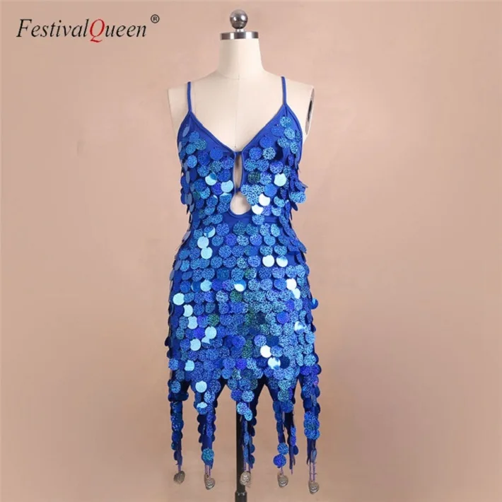 FestivalQueen, женское платье с блестками и кисточками,, открытая спина, для ночного клуба, певица, для сцены, для шоу, костюмы, сексуальные платья до колен - Цвет: royalblue