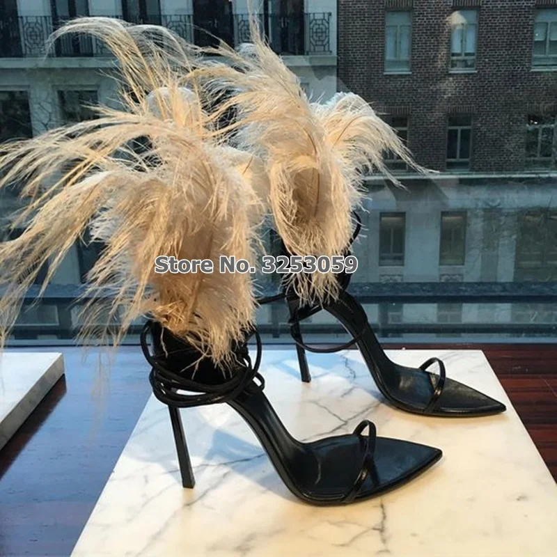 Женские дизайнерские сандалии на высоком каблуке с перьями и