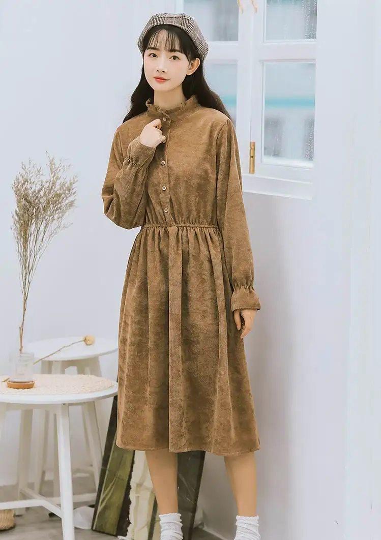 Japan Style Mori Girl Dress 2018 New Autumn Winter Women Ruffled Collar Long Sleeve Corduroy Dresses Khaki Pink Vintage Vestidos | Женская