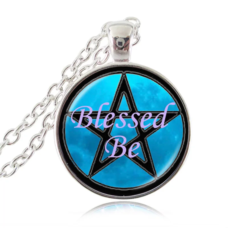 Glass Cabochon Necklace Blessesd Be Quote Jewelry Pentagram Pentacle Five Point Star Sweater Wicca | Украшения и аксессуары