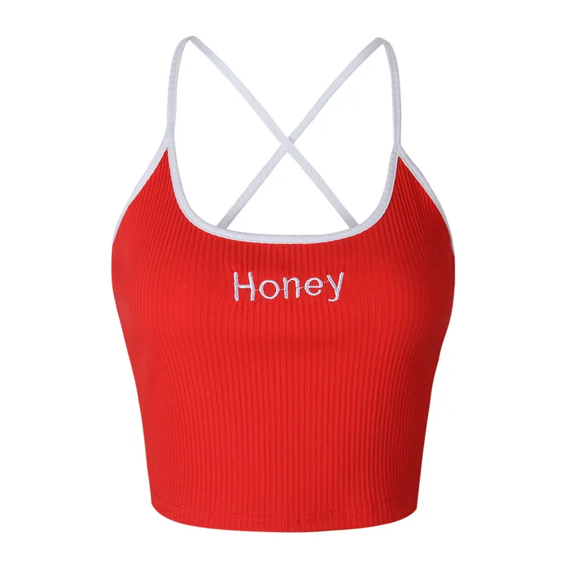 Женский укороченный топ с надписью Honey откровенный на бретелях спагетти