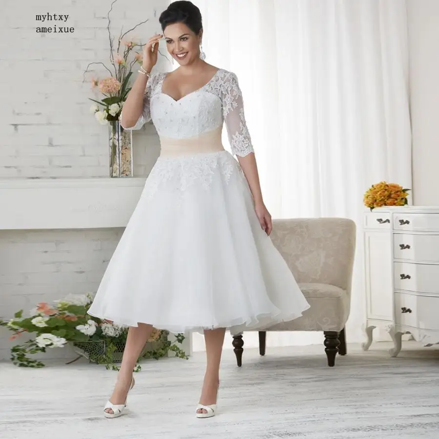 

Tea-length Tulle Cheap Wedding Dress 2020 Vestido De Noiva Half Sleeves Beading Applique A-line Bridal Gowns Plus Size Gelinlik