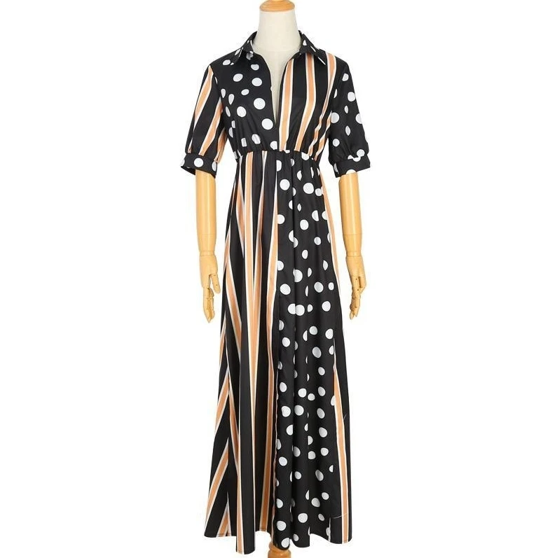 Long Striped Chiffon shirt Summer 2019 Woman Polka Dot Patchwork Casual Boho Shirt Women Robe Longue Femme Ete | Женская одежда