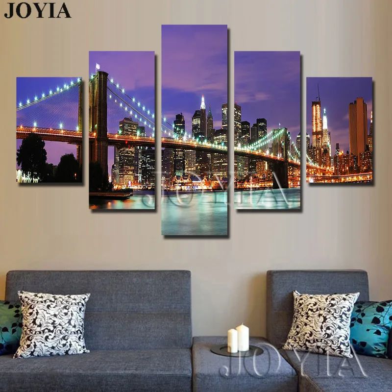 

5 Piece Wall Art New York City Night Painting Modern Decorative Pictures Manhattan Bridge Panting On Canvas Home Decor No Frame