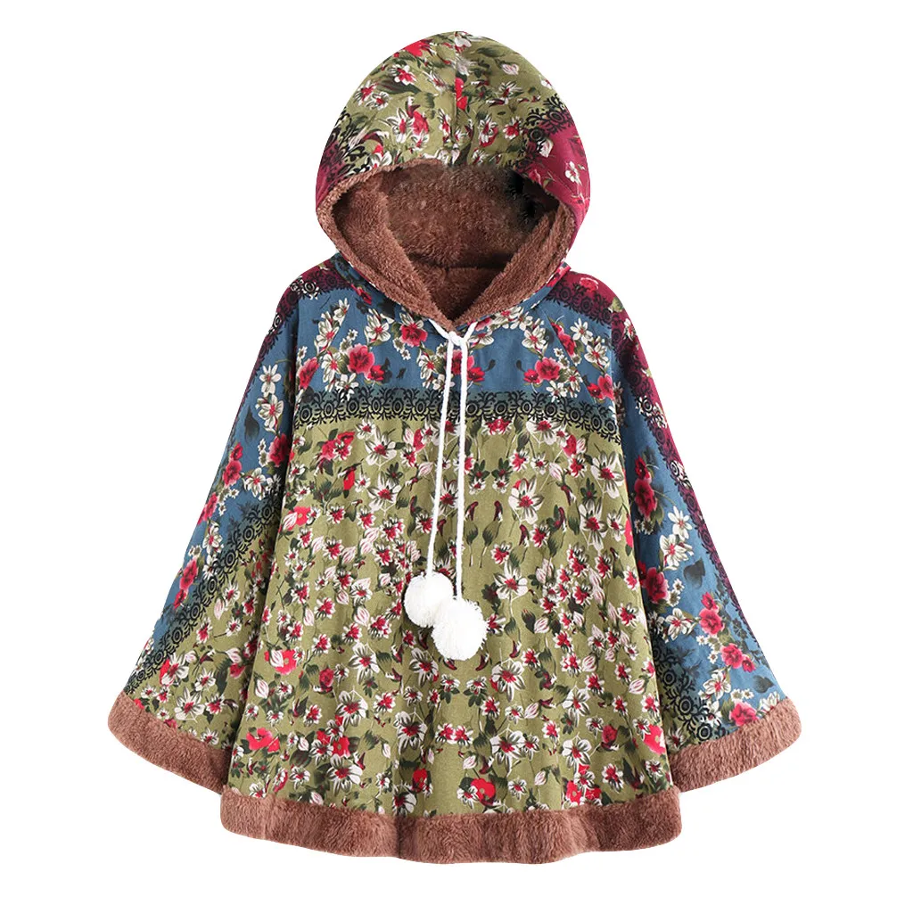 FREE OSTRICH Winter Coat Women Warm Vintage Print Ethnic Jacket Femmes Hooded Outerwear Drawstring Pom Poncho Coat