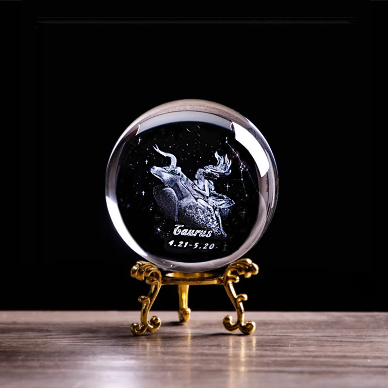 Ball and gold Base 3D Телец статуэтки хрустальный шар Ангел Созвездие Статуэтка пресс-папье стеклянные шарики Сфера фэн-шуй Глобус домашний художественный Декор - Цвет: Ball and gold Base
