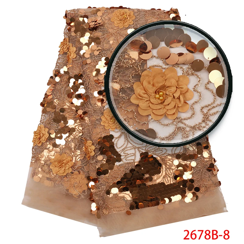 

High quality Gold Color African Wedding Lace Fabric 3D Flower Hot Sale French Net Lace Fabric with Sequins Beads KS2678B-8