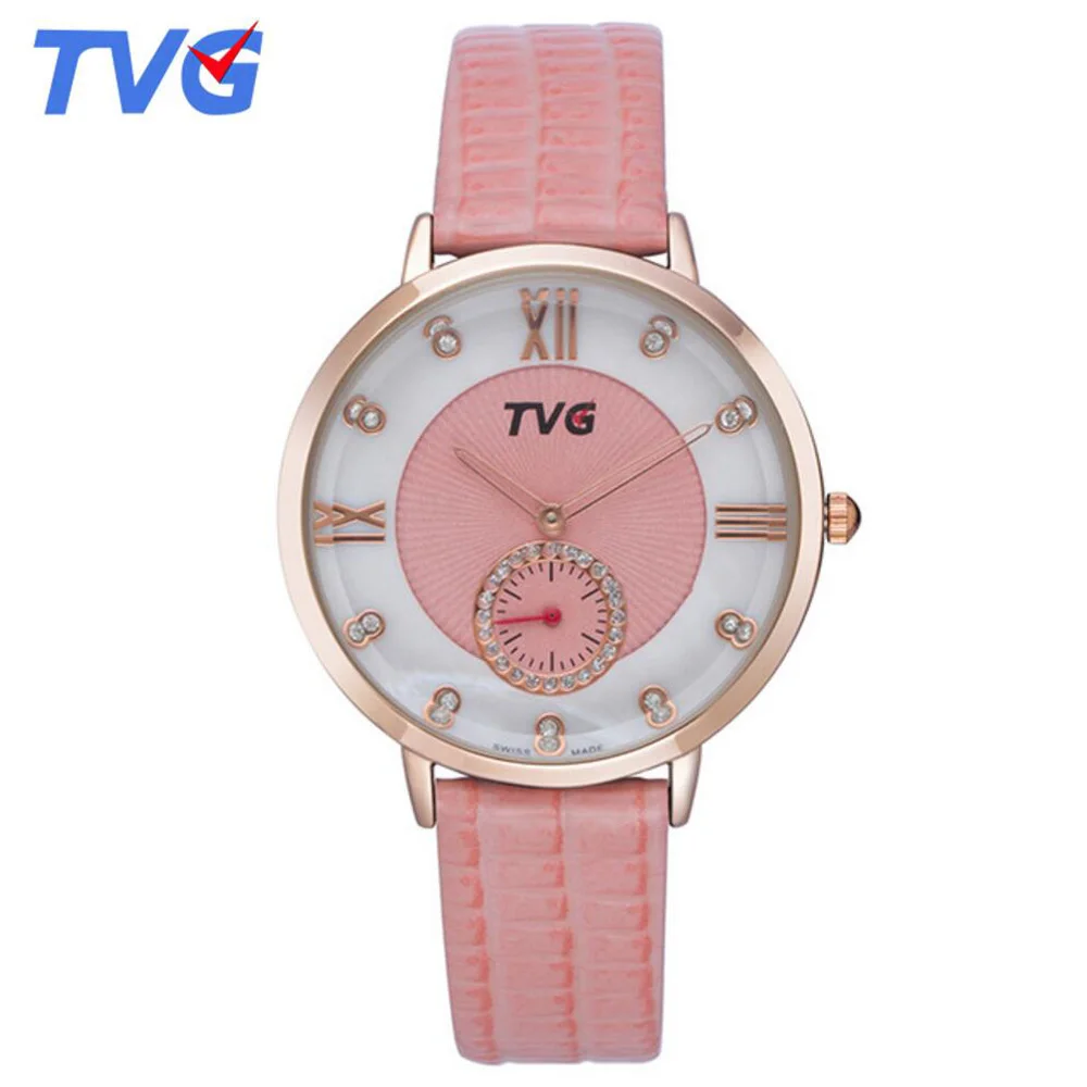 TVG Роскошные Брендовые женские часы розовый кожаный ремешок Стразы кварцевые для