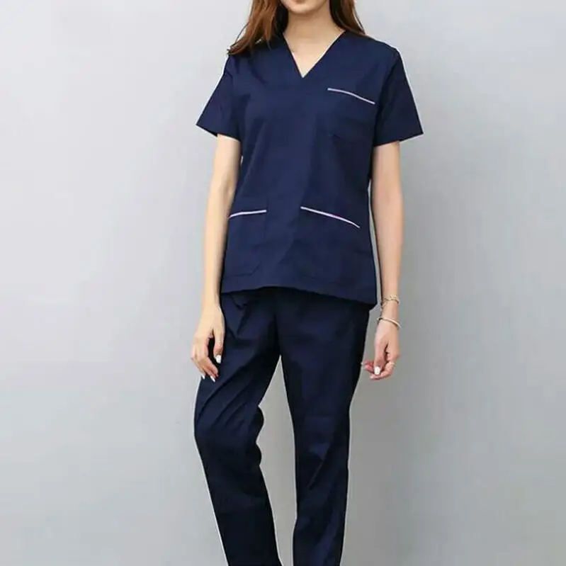 Navy blue V образным вырезом с коротким рукавом женские Рабочие Топы Брюки скраб наборы больницы доктора хирургической медсестры костюм стоматолога клиника медицинская форма медсестры - Цвет: Navy blue