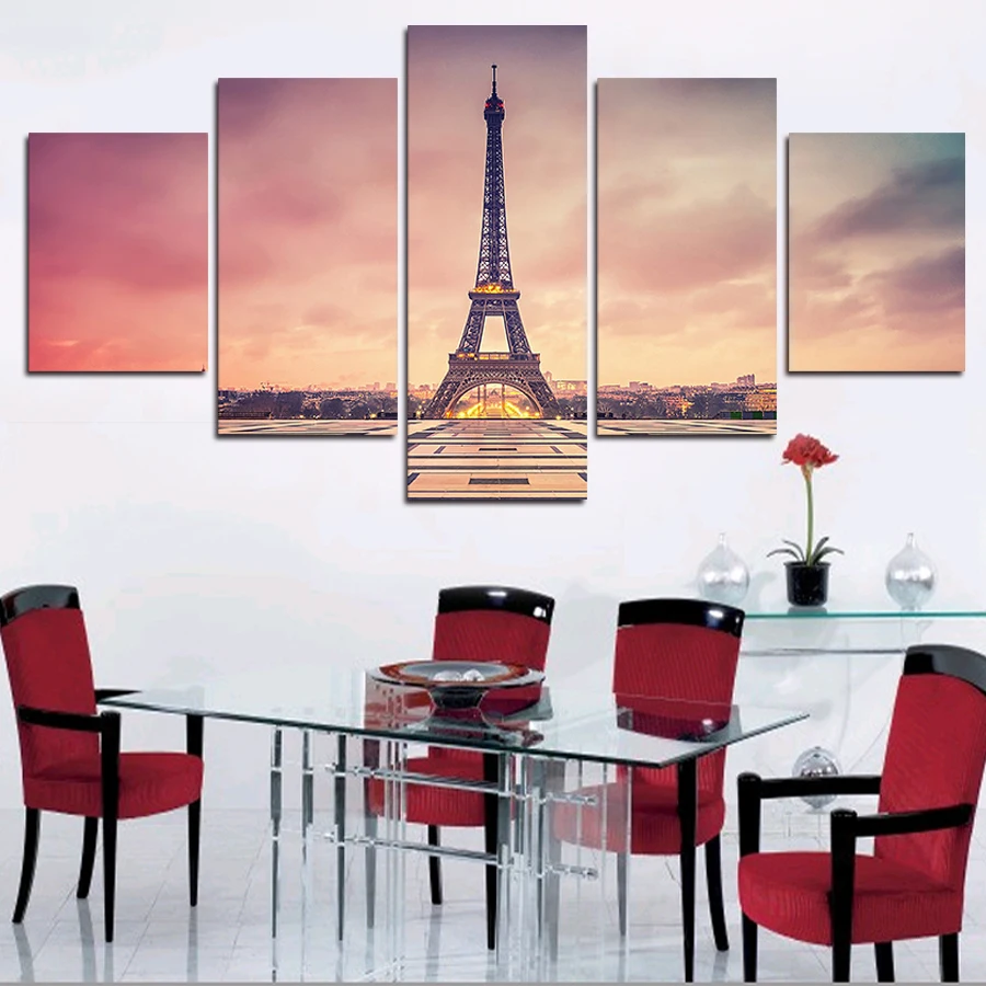 

OKHOTCN Framed 5 Panels Eiffel Tower Scenery Artwork Canvas Painting Wall Art Paintings For Living Room Decor Prints Picture