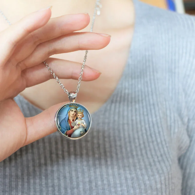 Женская цепочка с кабошоном винтажная длинная Серебряная подвеской Дева Мария