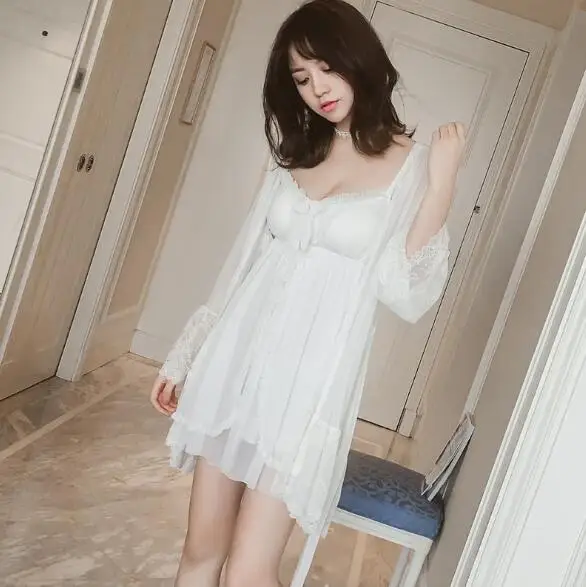 white 2 pieces Fdfklak, сексуальный комплект из двух предметов, женская пижама, домашняя одежда с длинным рукавом, милые кружевные халаты для женщин, Ночная одежда - Цвет: white 2 pieces