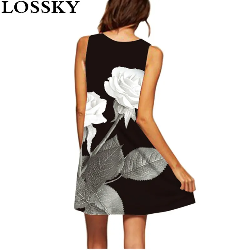 

Rose Print Sleeveless Summer Mini Dress Casual Loose O Neck Women's Fahshion 2019 New Basic Dresses Off Shoulder Dress Vestidos