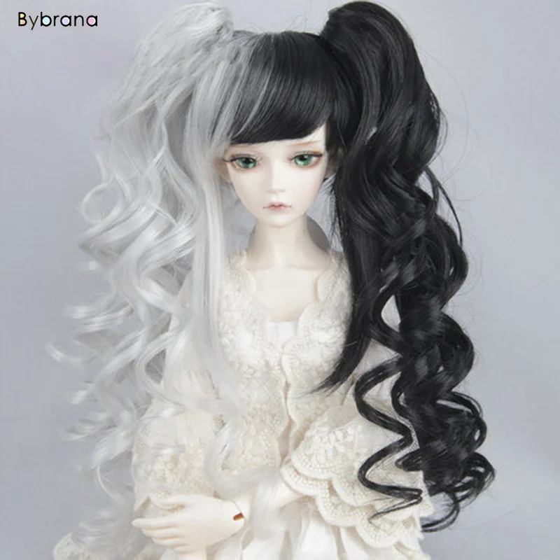 Парик Bybrana BJD для 1/3, 1/4, 1/6, высокотемпературное волокно для девочек, черный и белый цвет, двойной конский хвост, кудрявые волосы для кукол