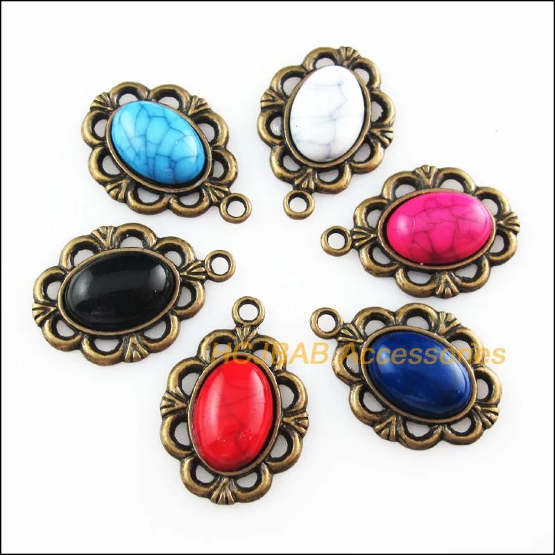 12 новых овальных цветов Смешанные Подвески из камня состаренная бронза цвет