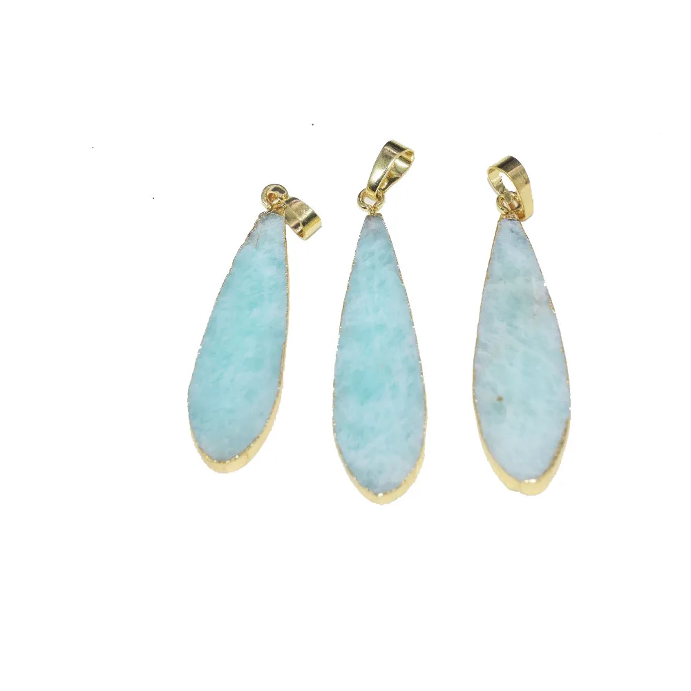 

New Natural amazonite stone pendant 2023 for female long light blue water drop women accessories energy gift gold bezel 5pc