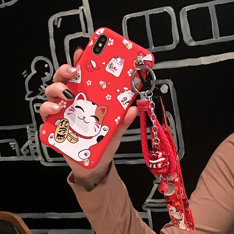 Красный Чехол SAM S10 Lucky Cat, милый чехол на заднюю панель для samsung Galaxy S10 plus/S10 lite Maneki Neko Shell+ ремни - Цвет: Красный
