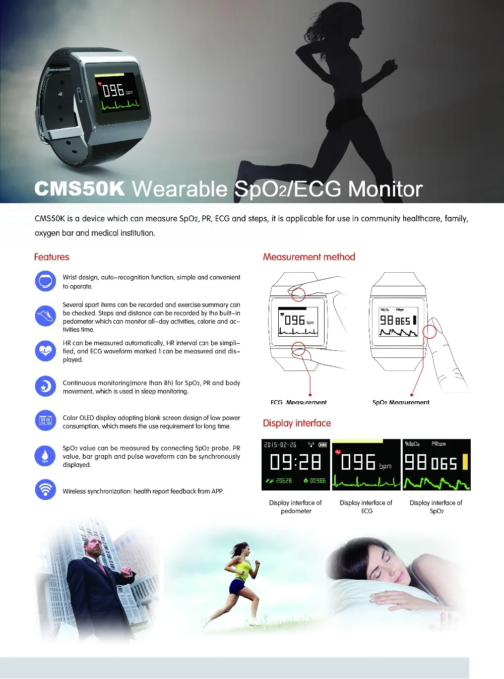 CONTEC CMS50K беспроводной Bluetooth наручные носимые цифровые спортивные Пульсоксиметр монитор Spo2 ЭКГ-шагомер калорий монитор сна