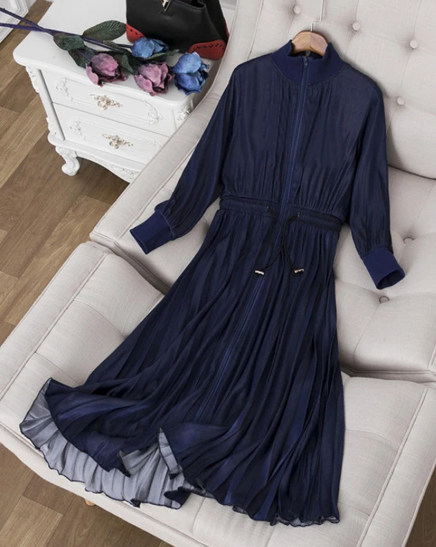 Summer thin fabric Европейская и американская Женская Длинные рукава стенд воротник чистый цвет с эластичной талией платье - Цвет: Summer thin fabric