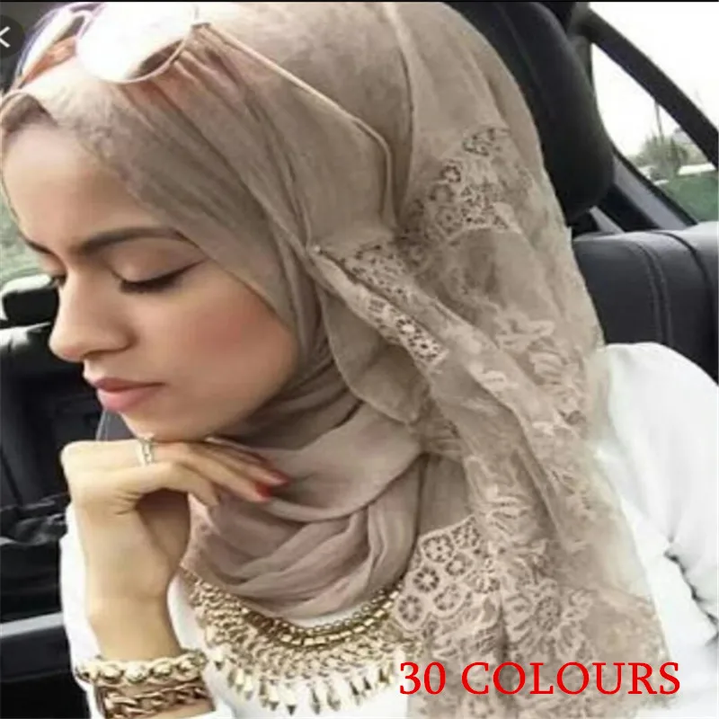 

2020 30 colors Fashion Luxury lace scarf hijab woman plain maxi shawl embroider flower lace foulard pretty Muslim hijabs scarfs