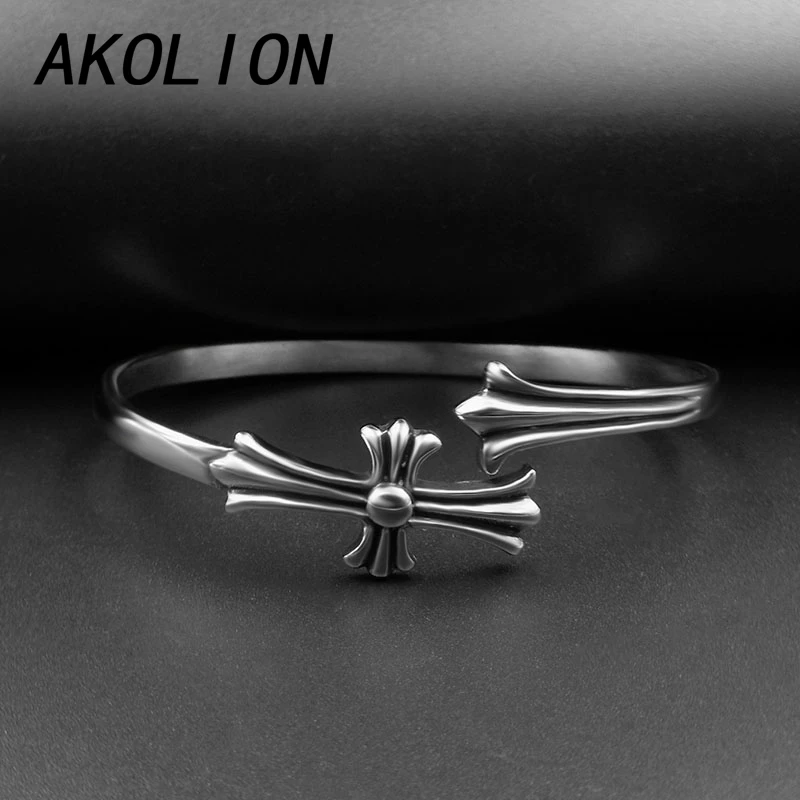AKOLION cross bangles &amp bracelets for women and men jewelry pulseiras para as mulheres pulsera feminina masculina mujer silver |