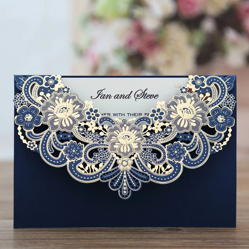 

50pcs New Arrival Horizontal Laser Cut Invitation with Navy blue Hollow Flora,Printable,CW17001