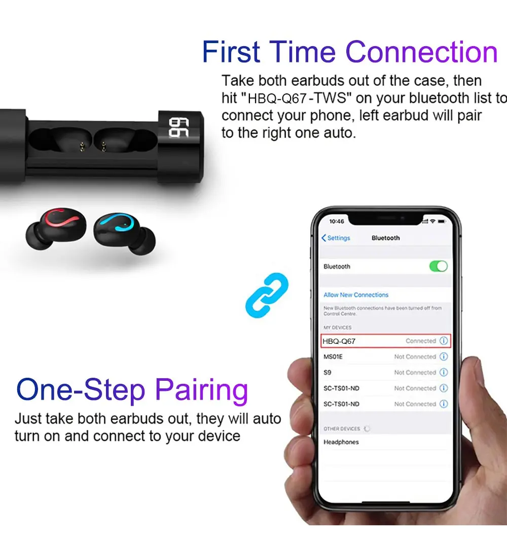 HBQ Q67 Q32 Bluetooth 5,0, мини беспроводные наушники, TWS, спортивные наушники, гарнитура, 3D стерео наушники, наушники, чехол, 3500 мАч