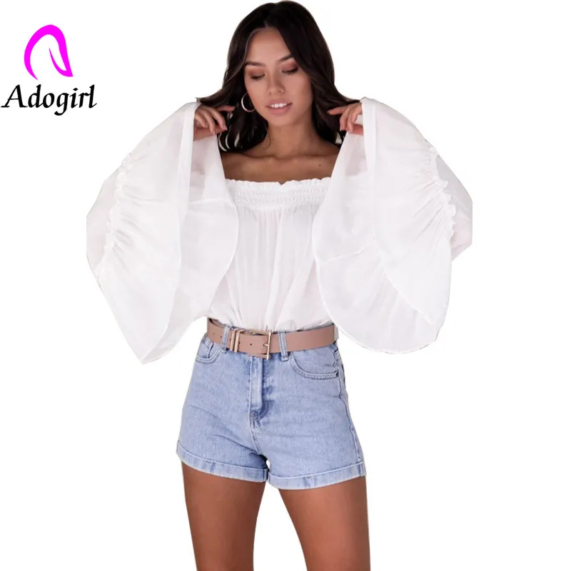 Adogirl/белые лоскутные рубашки с расклешенными рукавами вырезом лодочкой и
