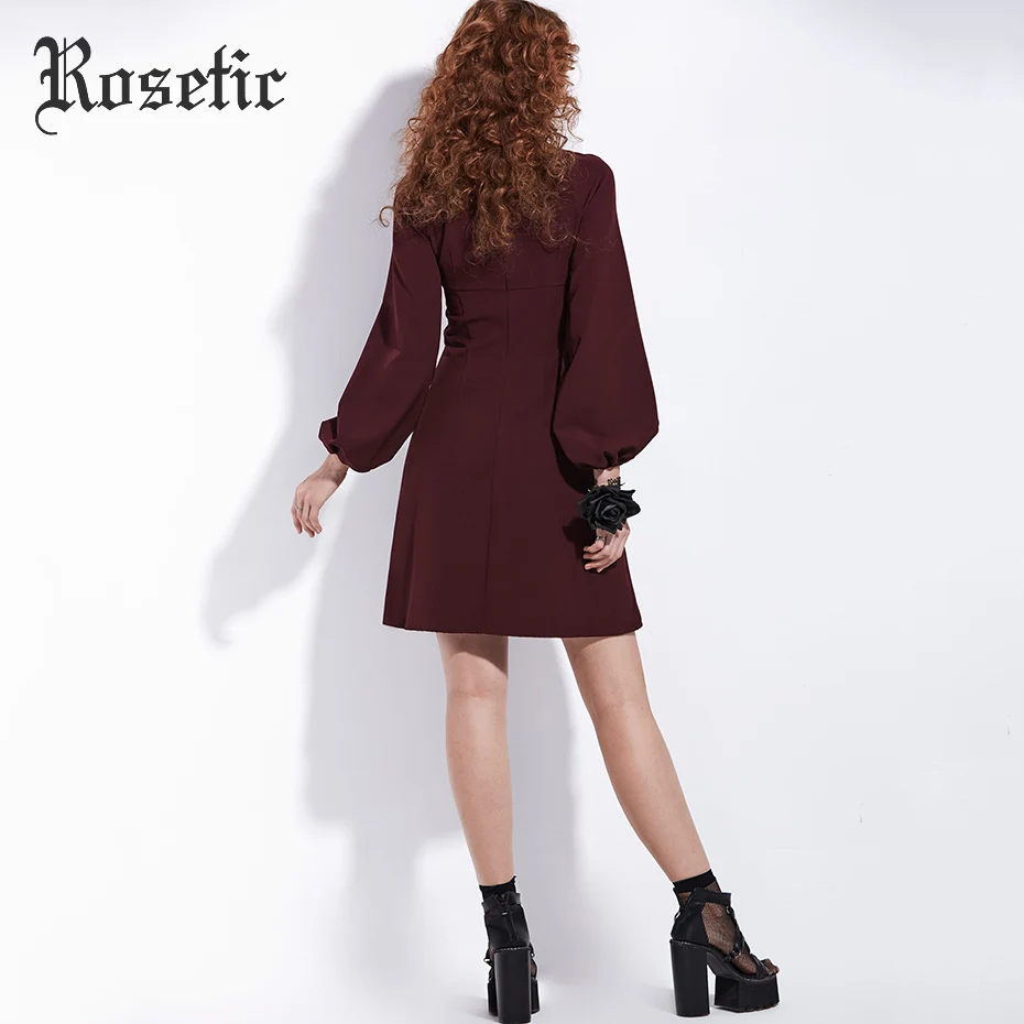 Rosetic платье в готическом стиле, винтажное бордовое женское осеннее платье с рукавами-фонариками на молнии, Драпированное повседневное ТРАПЕЦИЕВИДНОЕ элегантное винтажное готическое платье в стиле ретро