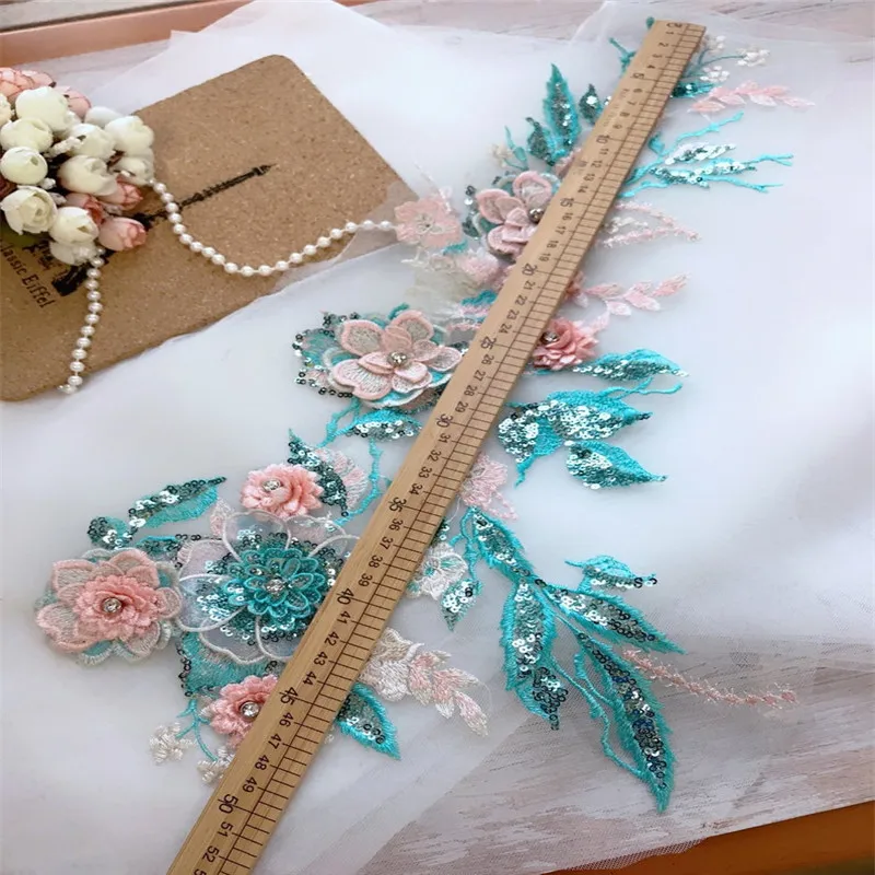 1 piece Turquoise applique Sequins rhinestone embellishments flower 3D lace blue pink | Дом и сад
