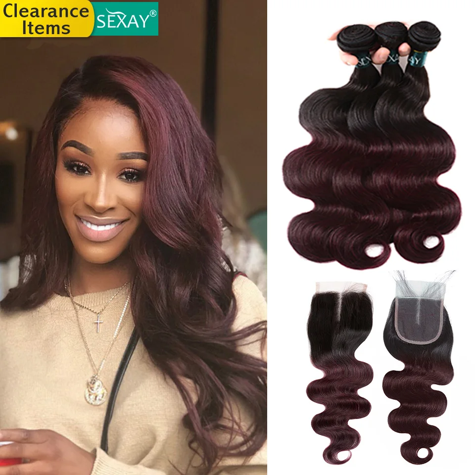 Body Wave Burgundy Bundles With Closure 4pcs T1b 99j Burgundy Brazilian Hair Weave Ombre Human Hair Bundles With Closure Remy