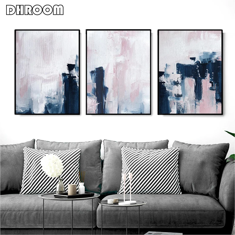 

Scandinavian Style Pink & Navy Blue Wall Art Abstract Canvas Poster Minimalist Print Painting Modern Wall Pictures Decoration