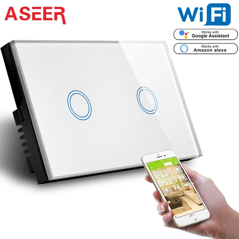 ASEER стандарт США 2 банда Wifi настенный сенсорный выключатель, емкостный сенсорный стеклянный настенный светильник с панелью поддержка alexa Google Assistant
