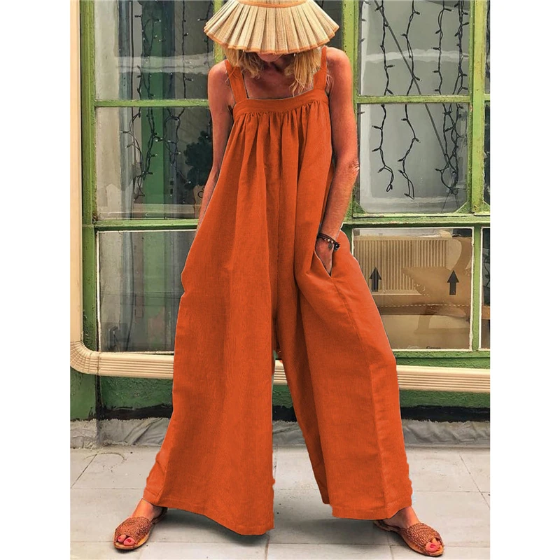 Новый женский комбинезон без рукавов на бретельках с карманами и широкими